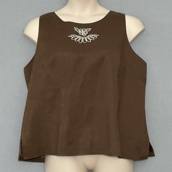 Lino USA Womens Top Plus 1X Brown 100% Linen 2 Piece Embroidered Classic Clasual - Picture 6 of 16